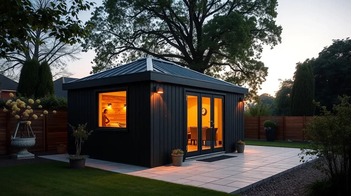 Black-clad garden room glowing at dusk in a leafy English garden